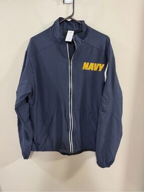NWT US Navy Blue Physical Training Running Zip Jacket with Yellow 'NAVY'. Medium
